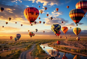 Festival of hot air balloons flying over the road and river with a beautiful sky background - Powered by Adobe