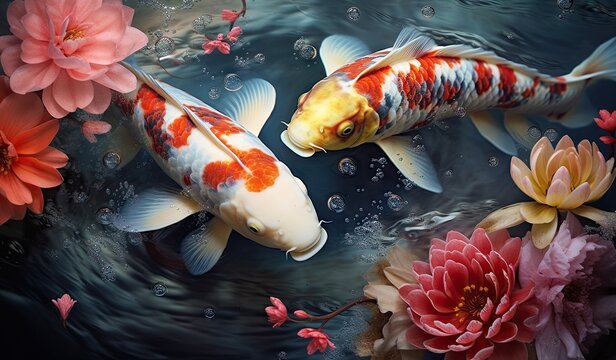 Koi fishes swimming in a koi fish pond created with AI