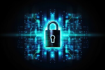 Cybersecurity padlock symbolizing data protection against hackers, illuminated in a dark digital landscape. Symbol of online safety and threat prevention.