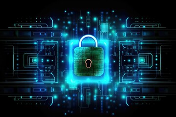 Cybersecurity padlock symbolizing data protection against hackers, illuminated in a dark digital landscape. Symbol of online safety and threat prevention.