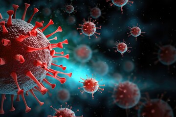 Host immune response combats invading viral particles, promoting defense mechanisms. - obrazy, fototapety, plakaty