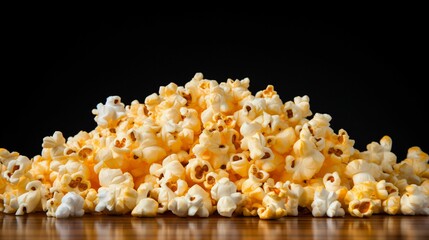 Golden caramel popcorn on black background. Sweet or salt cinema food commercial