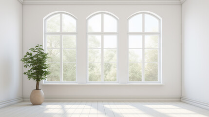 春の日差しを感じる大きな窓のある白い部屋