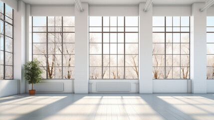 春の日差しを感じる大きな窓のある白い部屋 - obrazy, fototapety, plakaty