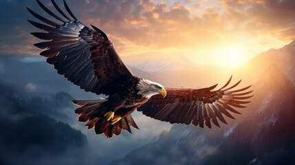 Obraz premium a beautiful north american bald eagle flying high in the sky. breathtaking scenic landscape view on mountains nature. desktop wallpaper background. 16:9, 4k. Generative AI