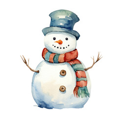 Watercolor snowman isolated on a transparent background, christmas art