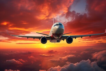 Fototapeta na wymiar Silhouette of airplane against stunning orange sunset sky.