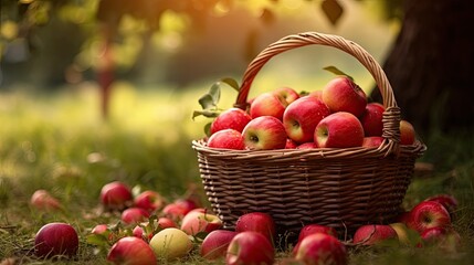 Bounty of Nature: Fresh Apples Overflowing in a Rustic Basket on Green Grass. Perfect for illustrating concepts like healthy eating, nature's abundance, agricultural bounty, or a wholesome lifestyle.