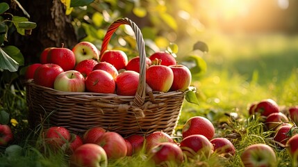 Fresh Apples Overflowing in a Rustic Basket on Green Grass.