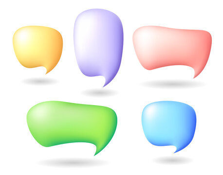 Set of multicolor 3D speech color bubbles isolated on white background. Chatting and message box, communication, web, social network media post concept. Vector illustration