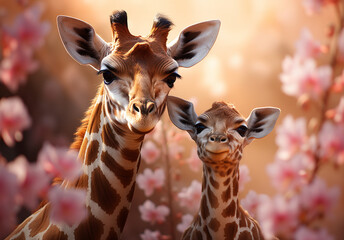 Mother and baby giraffe on the natural background. 