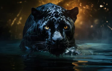 Foto op Canvas Black jaguar in the waters of a river brook, in the forest, created with AI © Timeless_art