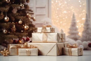 Fototapeta na wymiar Beautiful Christmas gift boxes on floor near fir tree in room.