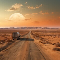 Fototapeta na wymiar Container trucks run on barren sandy roads with planets in the sky as a backdrop, good for business, social media, decoration, shipping services, import-export transportation. Generative Ai Images