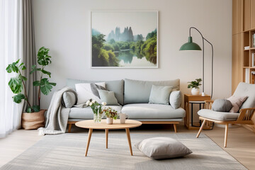 Padded grey sofa and arm chair against a light grey wall with large wall art frame side lamp and potted plant small round coffee table with spindle legs on a grey rug contemporary living room design
