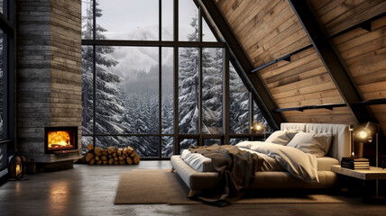 Fototapeta na wymiar Scandinavian pitch roof bedroom with king size bed and throw log burning fire window view of pine trees wood claded ceiling hardwood oak floor contemporary bedroom interior design