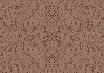 Hand-drawn unique abstract symmetrical seamless ornament. Brown on a light brown background. Paper texture. Digital artwork, A4. (pattern: p11-1a)