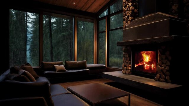 luxury living room fireplace with beautiful and relaxing rainy forest view