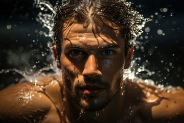 Portrait of a man swimming in the pool. Swimming concept. Male swimmer swimming in pool with splashes of water.