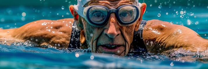Grandfather  swimmer in goggles and cap swimming in pool with splashes of water.
