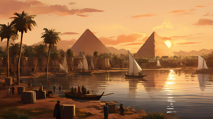 Sunset at Oasis in Ancient Egypt