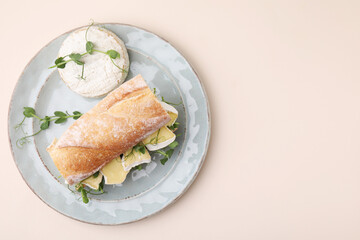 Tasty sandwich with brie cheese on beige background, top view. Space for text