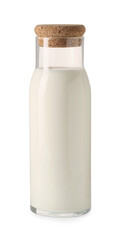 Glass carafe of fresh milk and lid isolated on white