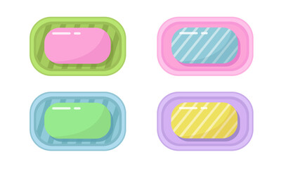 Set of soaps with soap dish isolated on white background. Vector cartoon flat illustration. Hygiene product different colors and shapes for cleanser skin care or washing hands. Colorful soaps.
