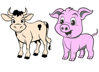 Obraz na płótnie Canvas Charming Cow and Pig Cartoon Vector Artwork