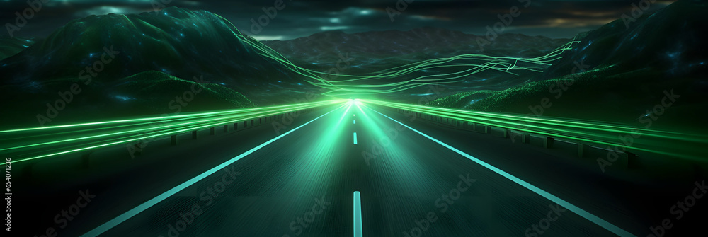 Wall mural green light trails with motion effect. high speed light effect. long exposure