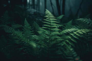 A beautiful fern tree in the dark damp rainforest of New Zealand, or Norway, or Argentina — close...