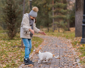 Caucasian girl playing with a dog for a walk in the autumn park. 