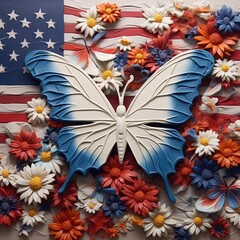 4th of July 3D Butterfly and Flowers Photo Backdrop