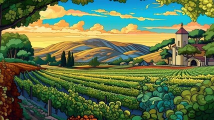 Picturesque vineyards and wineries. Fantasy concept , Illustration painting.