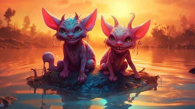 Playful little devils causing mischief in a magical world. Fantasy concept , Illustration painting.