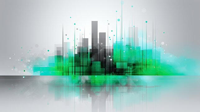 AI-generated abstract illustration of a cityscape in green, blue, black and gray on a white background.