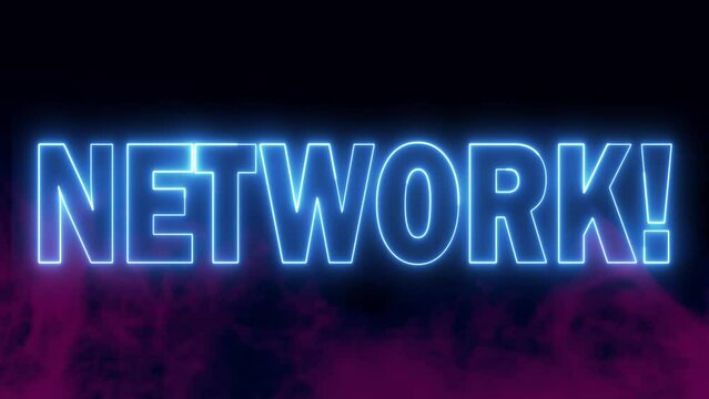 Network text font with neon light. Luminous and shimmering haze inside the letters of the text Network. Network neon sign. 
