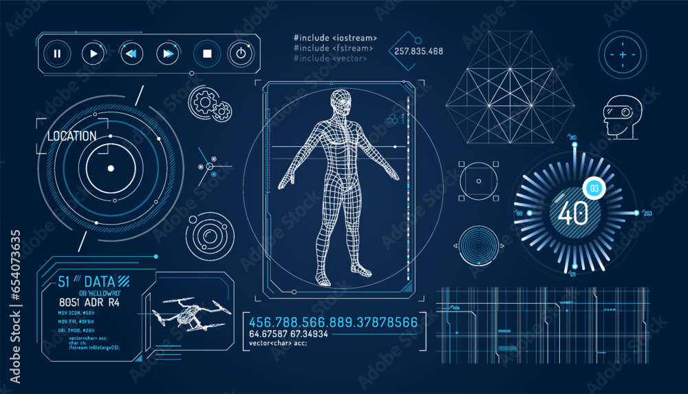 Poster set of infographic elements about drone control and augmented reality.