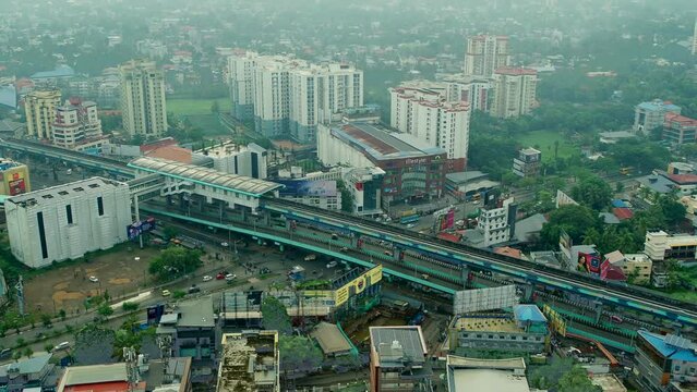 Kochi city aerial view Edappally Junction is an intersection at Edappally, Ernakulam city aerial view_ Edappally Signal Junction_Overhead rail track of Kochi Metro train service