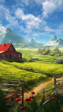 Farm with a red barn in the distance background. Cartoon or anime watercolor painting illustration style. seamless looping 4K time-lapse virtual video animation background	