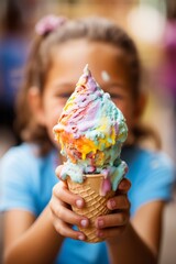 Photo of a happy little girl enjoying a delicious rainbow coloured ice cream cone created with Generative AI technology
