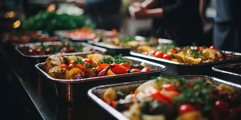 Gastronomic Joy: A Diverse Group of People Indulging in a Sumptuous Catering Buffet Inside a...