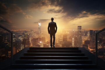 Fototapeta na wymiar Silhouette of businessman on the top stairs with over cityscape background. Concept of leadership successful achievement with goal, winner, success and growth. Generative AI.