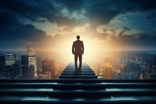 Silhouette of businessman on the top stairs with over cityscape background. Concept of leadership successful achievement with goal, winner, success and growth. Generative AI.