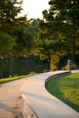 THE WOODLANDS, TEXAS - JULY 24th 2023: background settings for outdoor portraits by Lake Woodlands. The lake waters are tranquil, the fall colors are spectacular, there are hidden paths and benches