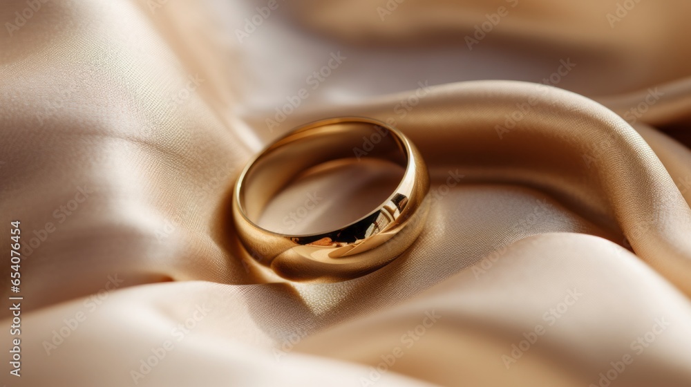 Wall mural close up wedding ring on beige silk
