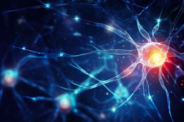 Naklejka na ściany i meble Neuron cells neural network under microscope neuro research science brain signal information background