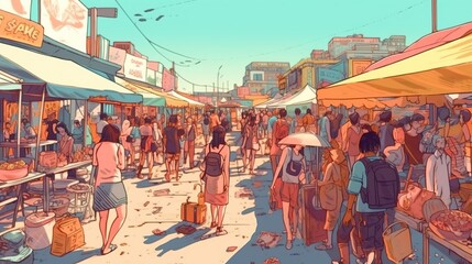 Open-air street food market. Fantasy concept , Illustration painting. - obrazy, fototapety, plakaty
