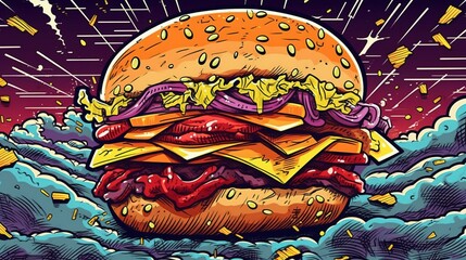 Mouthwatering burger creations in pop art style. Fantasy concept , Illustration painting.