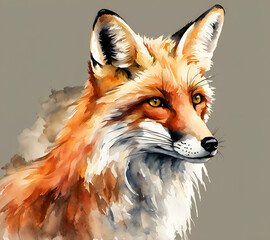 Fox portrait on paper, drawing watercolor painting